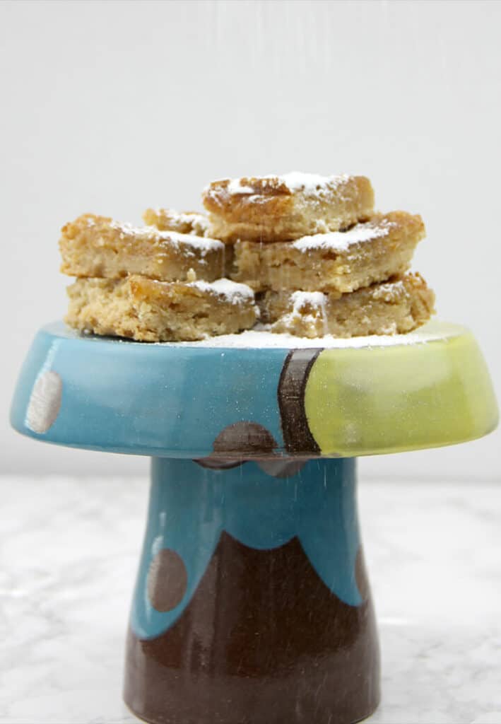 Toadstool stand with cookie bars on it with powdered sugar.
