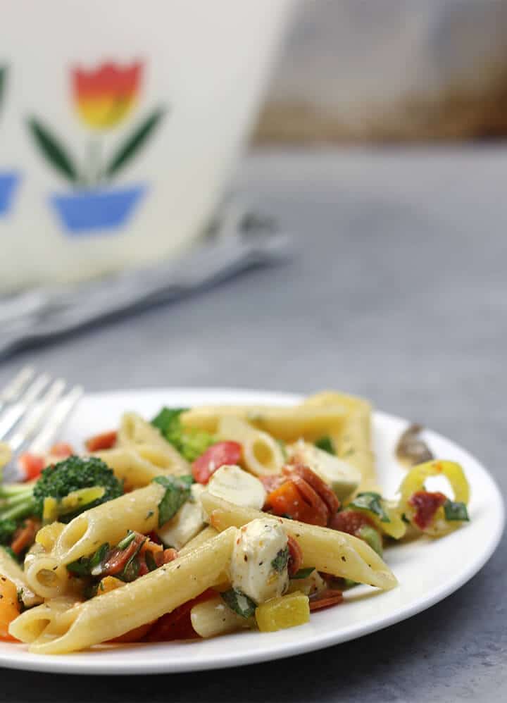 A serving of pizza pasta salad on a white plate.