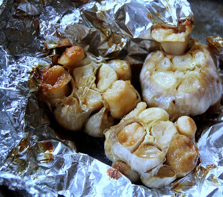 Roasted garlic in foil.