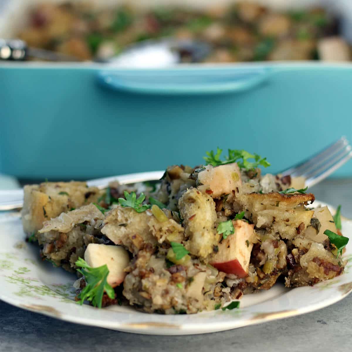 Apple Sausage Stuffing with mushrooms, sage, and other fresh herbs and vegetables is a delicious. 