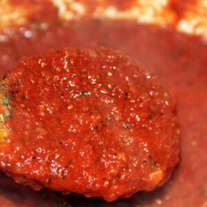 A wooden spoonful of easy marinara sauce with dried herbs.