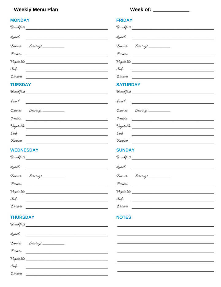 image of weekly menu plan sheet.