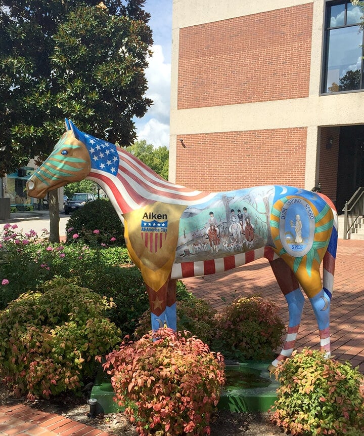 A painted horse statue in downtown Aiken, SC.