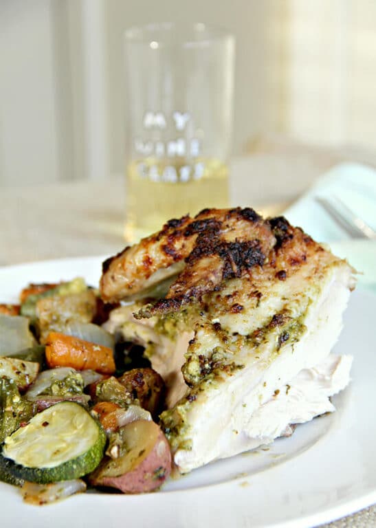 Pesto Chicken with Roasted Vegetables One Pan