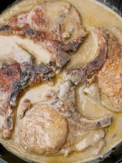 Baked pork chops with cream of mushroom soup are ready in about 30 minutes! This is a quick and easy weeknight dinner recipe that goes great with mashed potatoes or rice!