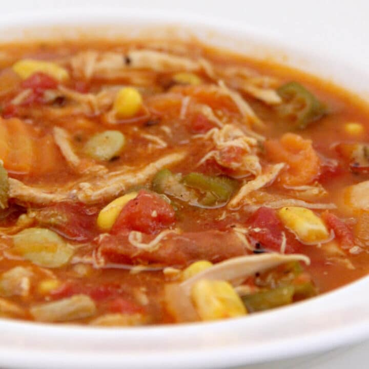 A white bowl filled with chicken vegetable soup.