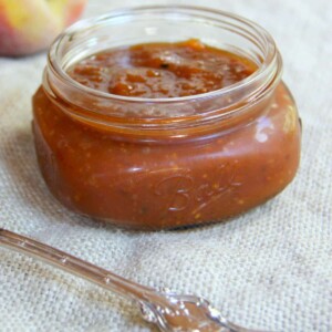 Peach BBQ Sauce with Bourbon is sweet and tangy, flavored with jalapeno pepper and sweet onion. This sauce is great slathered on chicken, pork chops, ribs, or even grilled salmon.
