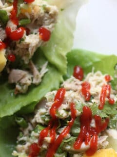 Closeup of chicken lettuce wraps on a white plate with a drizzle of Sriracha sauce.