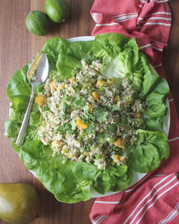 Chicken mango salad on a bed of lettuce leaves next to a red towel.