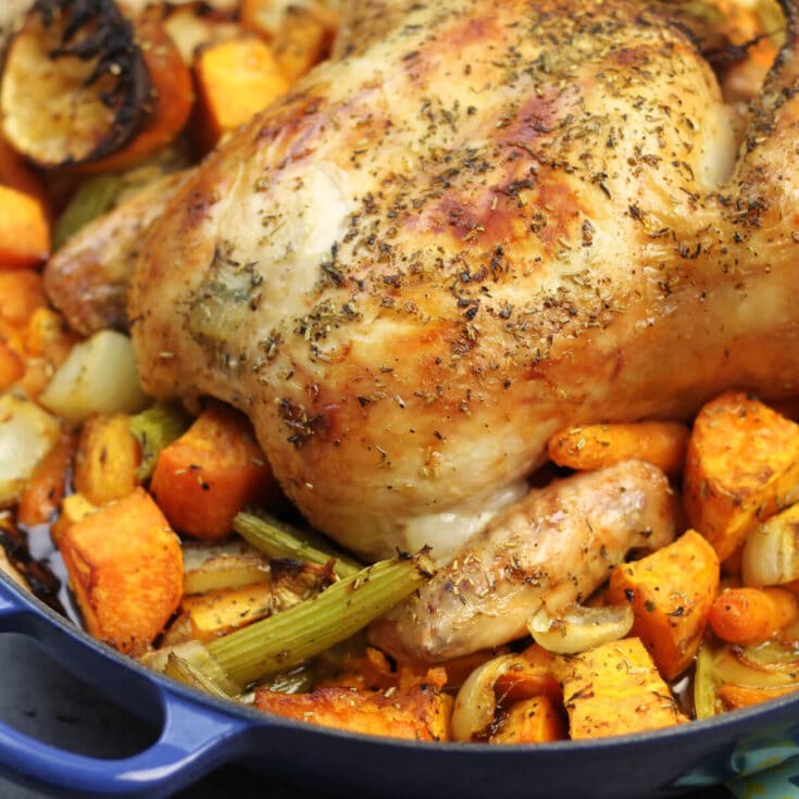Roasted Chicken and Vegetables is the perfect dinner and easy to make. Butter and olive oil make this the crispiest roast chicken!