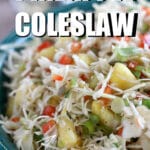 Pineapple Coleslaw with jalapeno and red bell pepper is a nutritious and easy make ahead dish that goes well with just about anything! You can throw this slaw together a couple of days before you need it and just store in the refrigerator.