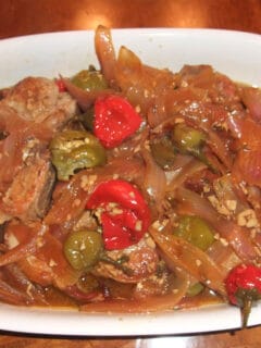 Pork Chops with Cherry Peppers showcases jarred sweet cherry peppers baked with center-cut pork chops. Add some garlic and onion and you have a fabulous dish with terrific flavors.