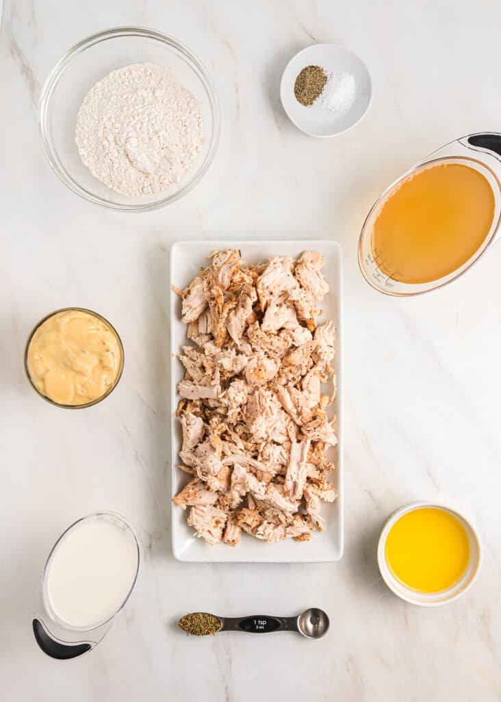 Overhead photo showing the ingredients needed to make chicken pie.