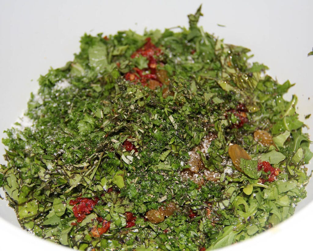 Chopped herbs to stir into farro salad.