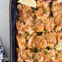 Baked shrimp scampi with garlic, butter, and fresh herbs is crispy, full of flavor, and is a great make ahead dinner recipe!