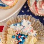 Our festive 4th of July cupcakes are filled with red, white, and blue sprinkles and kids love them!