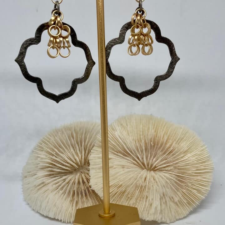 Black and gold earrings on a gold stand with white shells in the background.