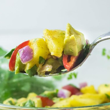 spoonful of salsa over a white bowl.