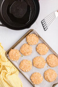 baking sheet of formed patties ready to cook