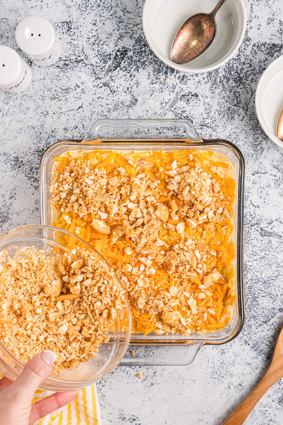Crumbled Ritz crackers in a bowl.