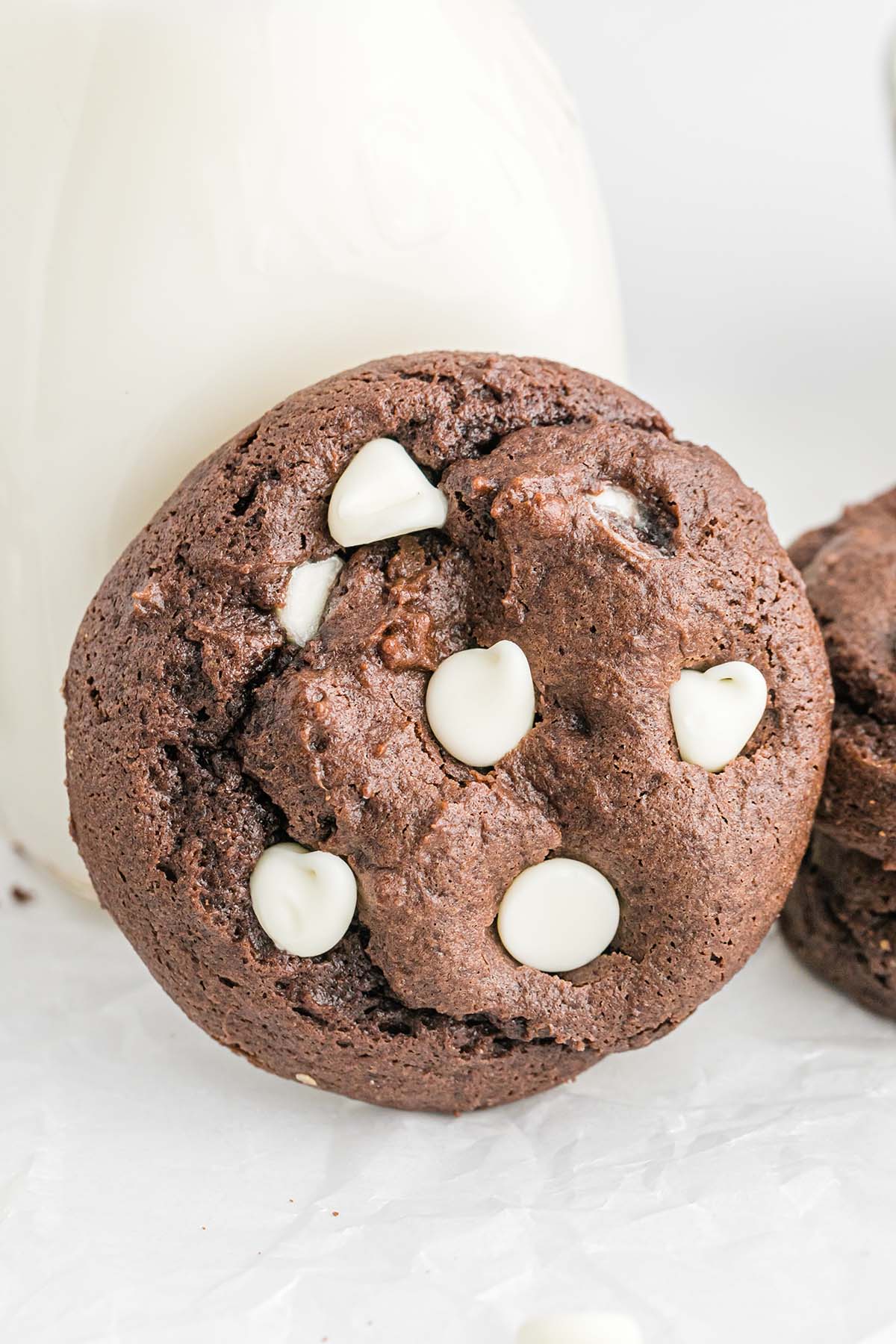 closeup of chocolate cookie with white chocolate chips.