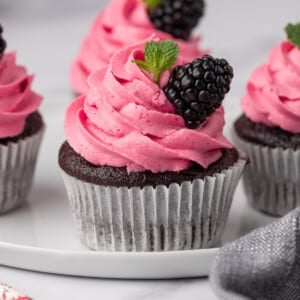 A chocolate cupcake with pink frosting on a white plate.
