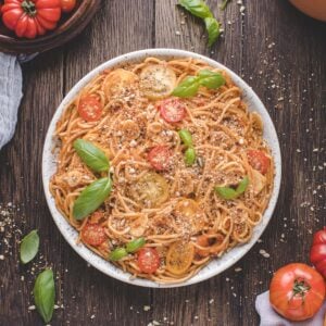 A white bowl filled with spaghetti noodles with fresh tomato sauce.