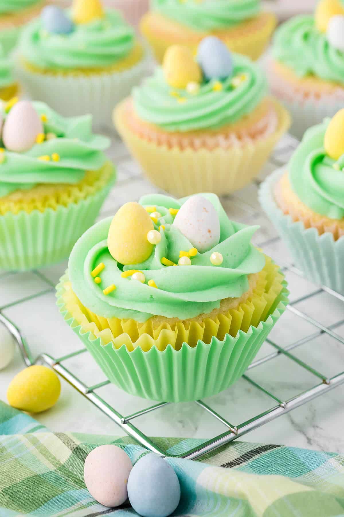 Easy easter cupcakes decorated with mini eggs.
