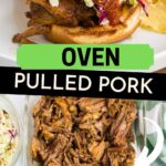 Oven Pulled Pork, made with a zesty BBQ rub and dark beer, is cooked at a low temperature in the oven for hours to reach tender perfection.