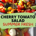 This Cherry Tomato Salad is a fresh blend of halved tomatoes, mozzarella, and basil, drizzled with a light vinaigrette dressing.