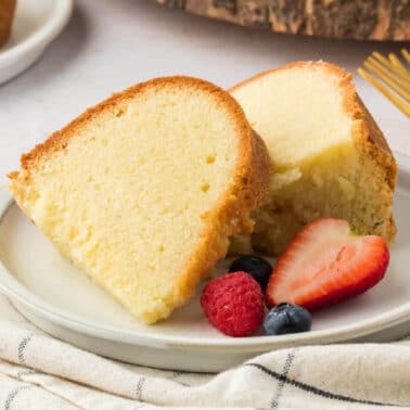 Slices of pound cake on a plate.