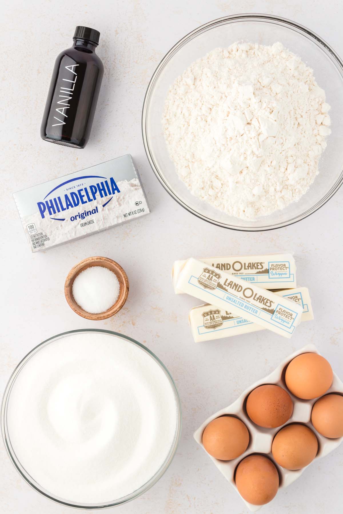 Ingredients to make a cream cheese pound cake recipe.