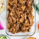 A dish of cooked pulled pork.