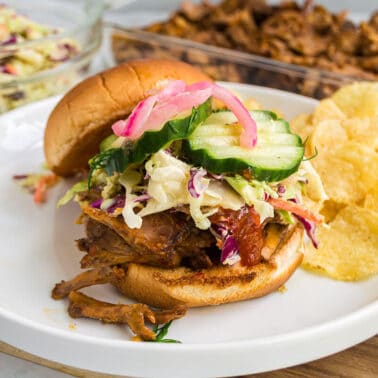 Pulled pork sandwich with slaw and pickles.