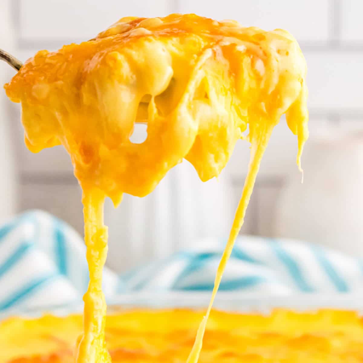 Spoon of creamy macaroni and cheese melting. 