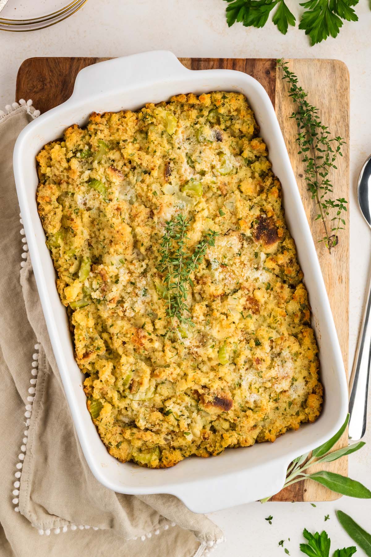 A dish of baked Southern cornbread dressing. 