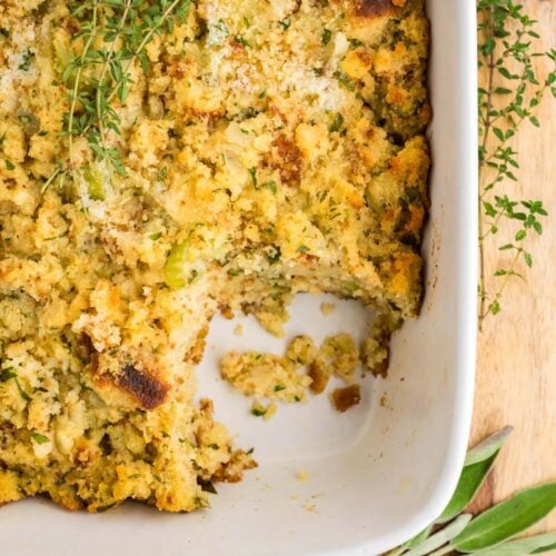 A white dish with cornbread dressing.&nbsp;