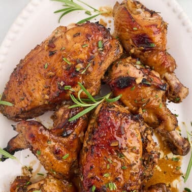 Balsamic roasted chicken on a plate. 