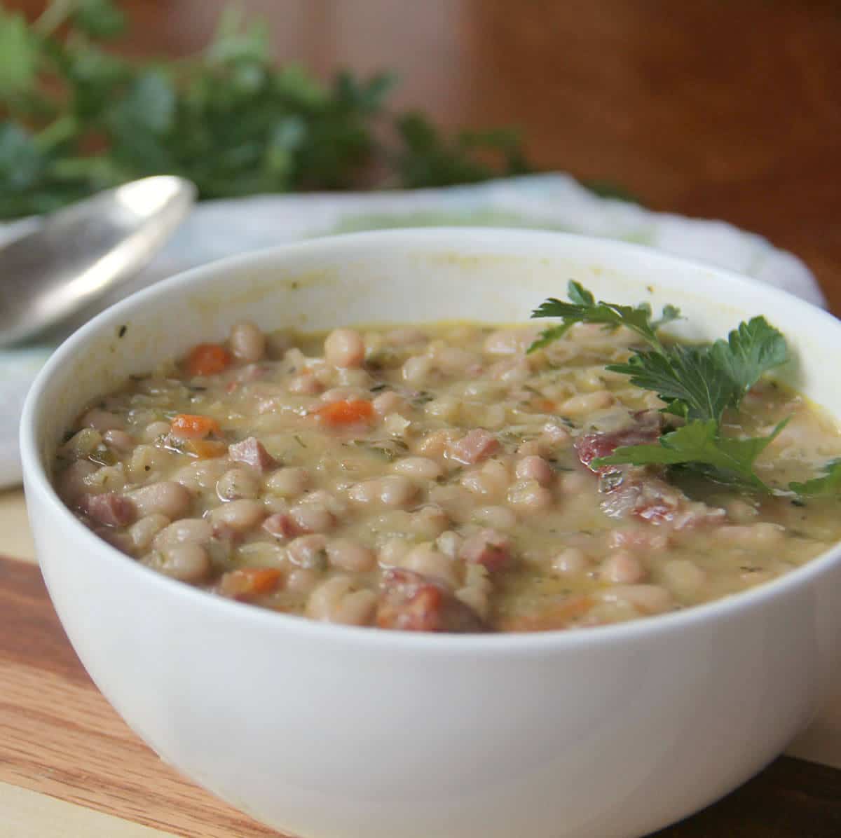 Navy bean and ham soup in a bowl