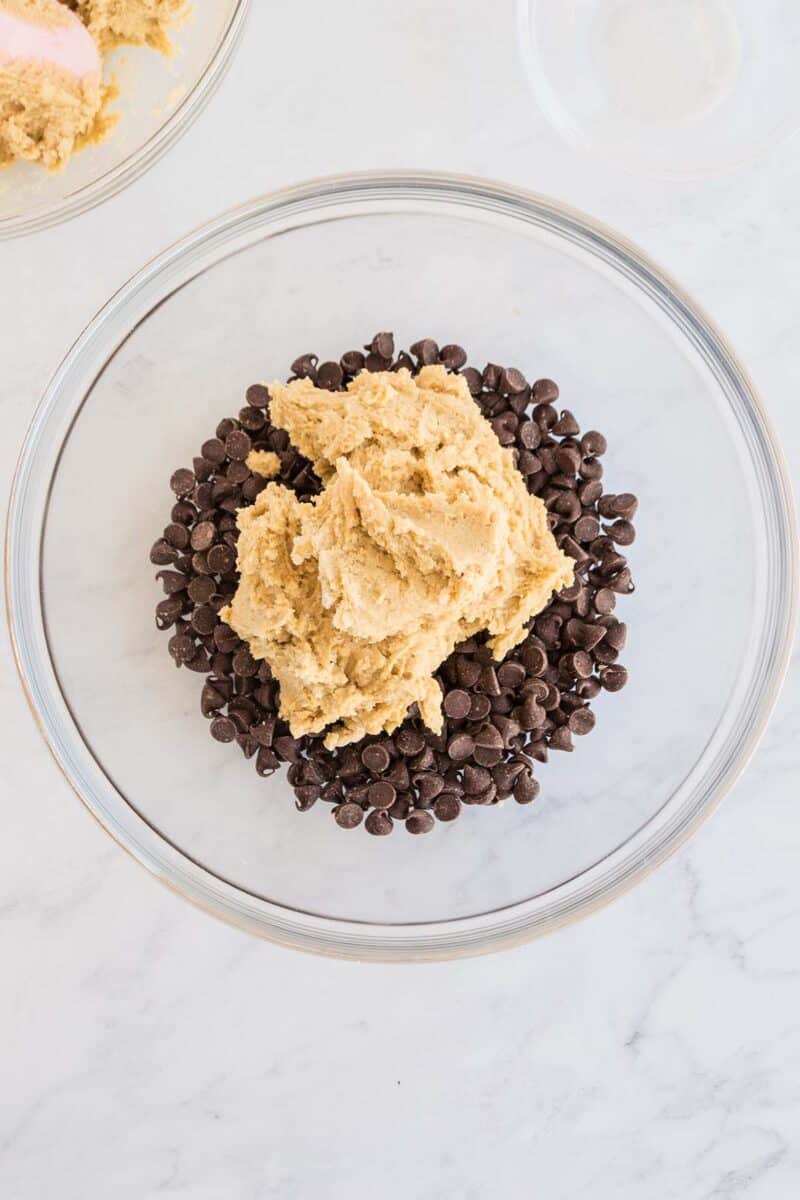 Chocolate chips and cookie dough in a bowl