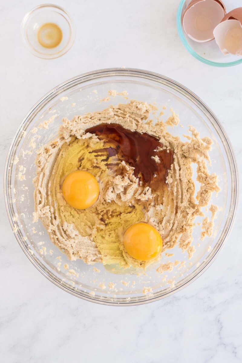 A bowl of creamed butter and eggs