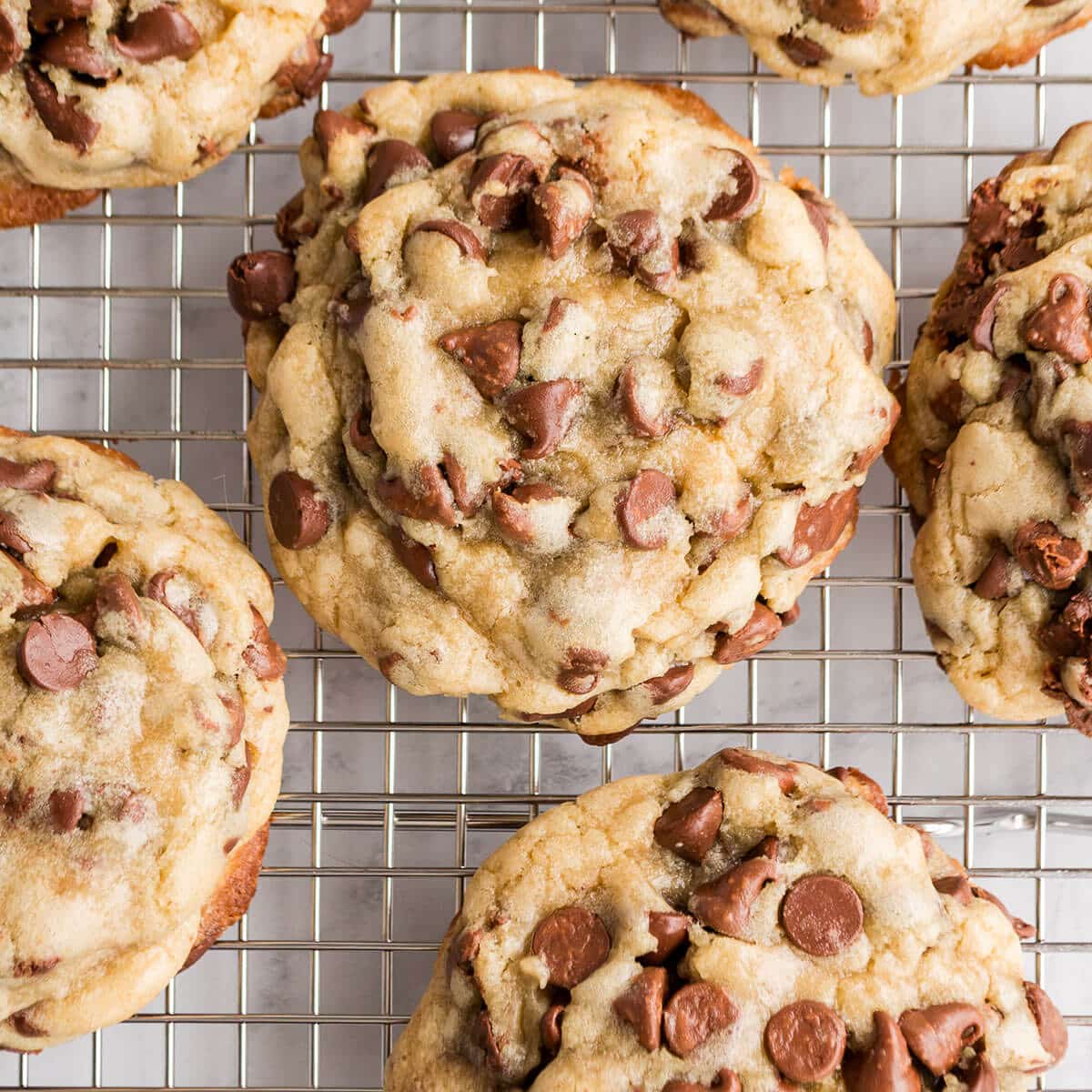 Chocolate chip cookies on a baking rack