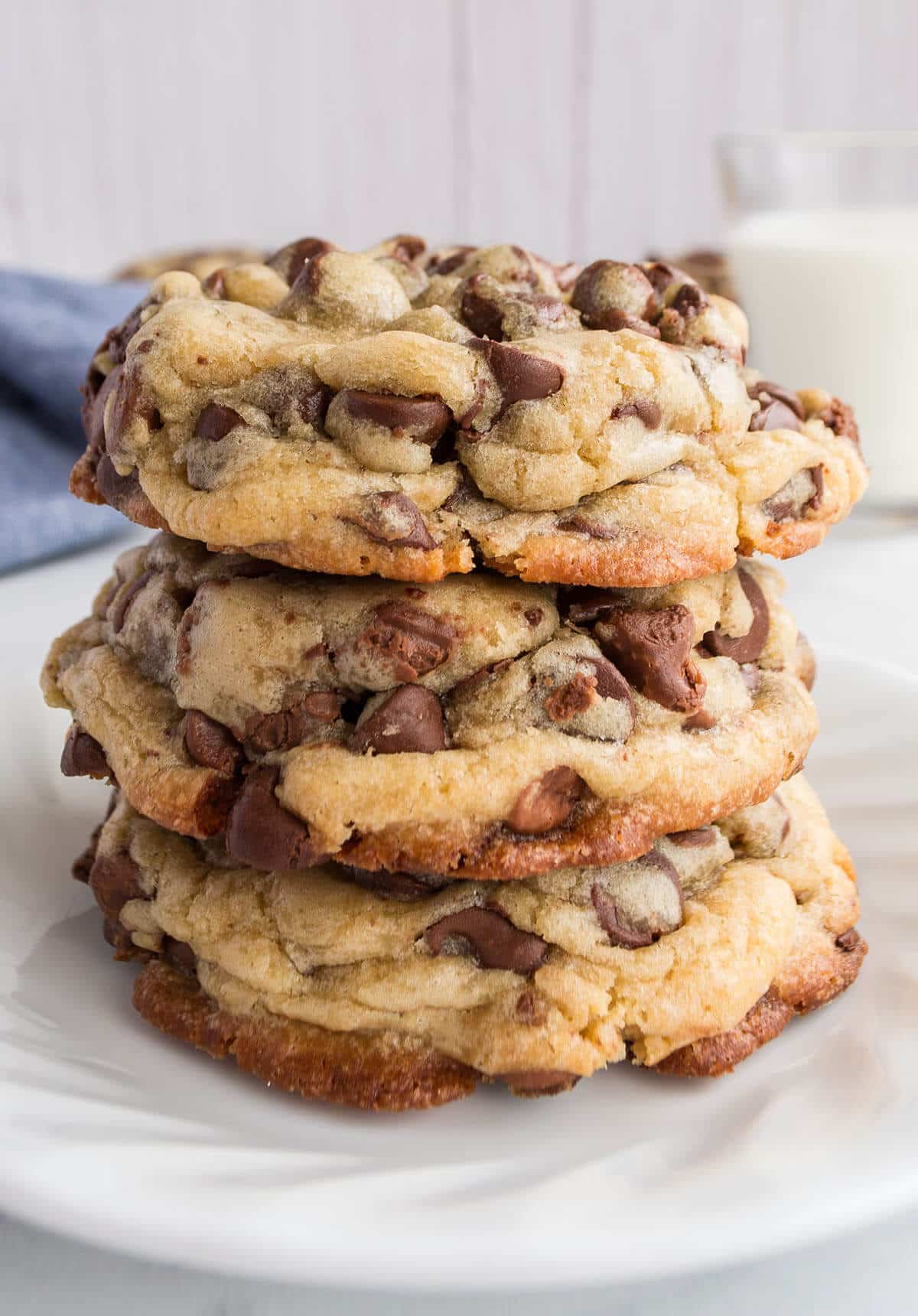 A stack of baked chocolate chip cookies