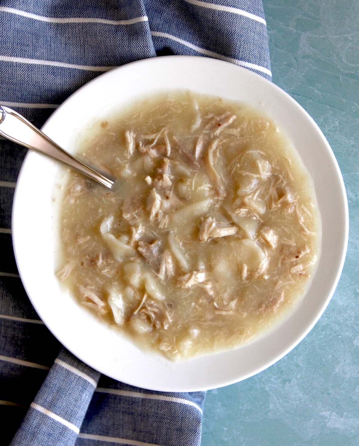 A bowl of Southern style chicken and dumplings.