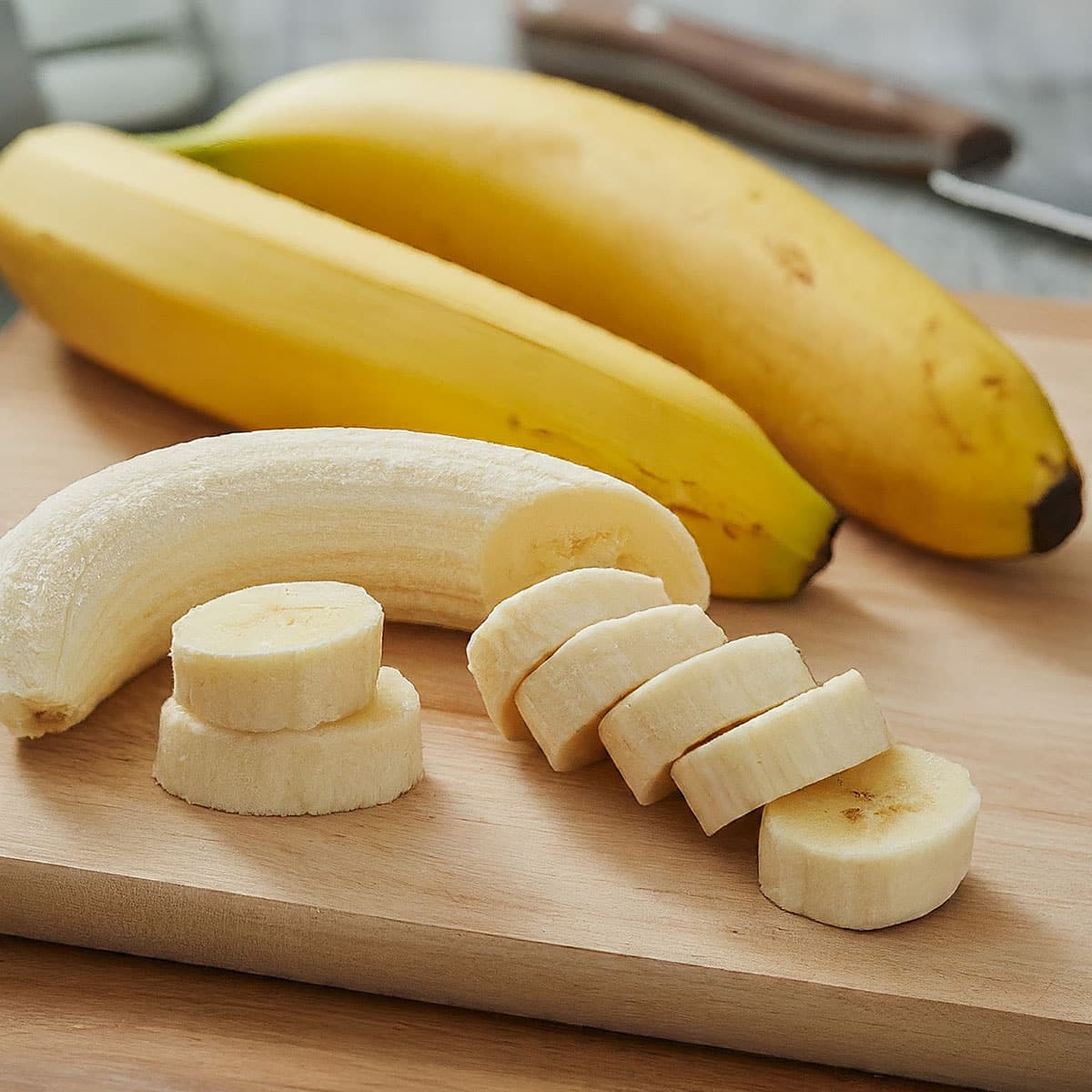 A peeled banana sliced into pieces on a wooden cutting board, with a whole banana in the background.