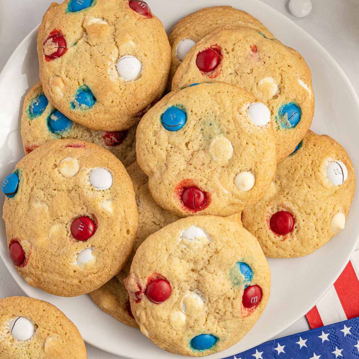 4th of July cookies made with white chocolate chips and M&Ms.