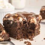 A piece of chocolate cake with gooey chocolate frosting and marshmallow topping on a white plate.
