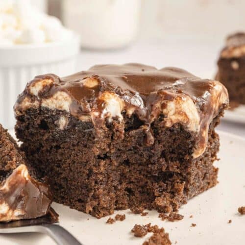 A piece of chocolate cake with gooey chocolate frosting and marshmallow topping on a white plate.