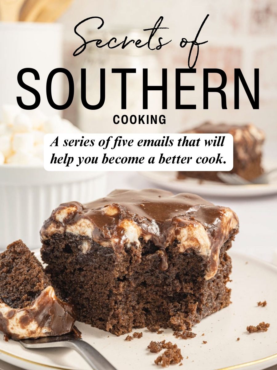 A flyer titled "Secrets of Southern Cooking" shows a chocolate cake with the text, "A series of five emails that will help you become a better cook.