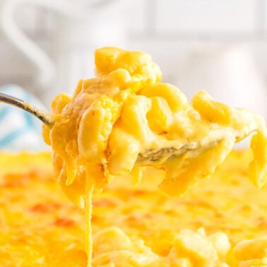 A fork lifts a portion of creamy baked macaroni and cheese from a dish, showing melted cheese – the perfect addition to your Thanksgiving sides.